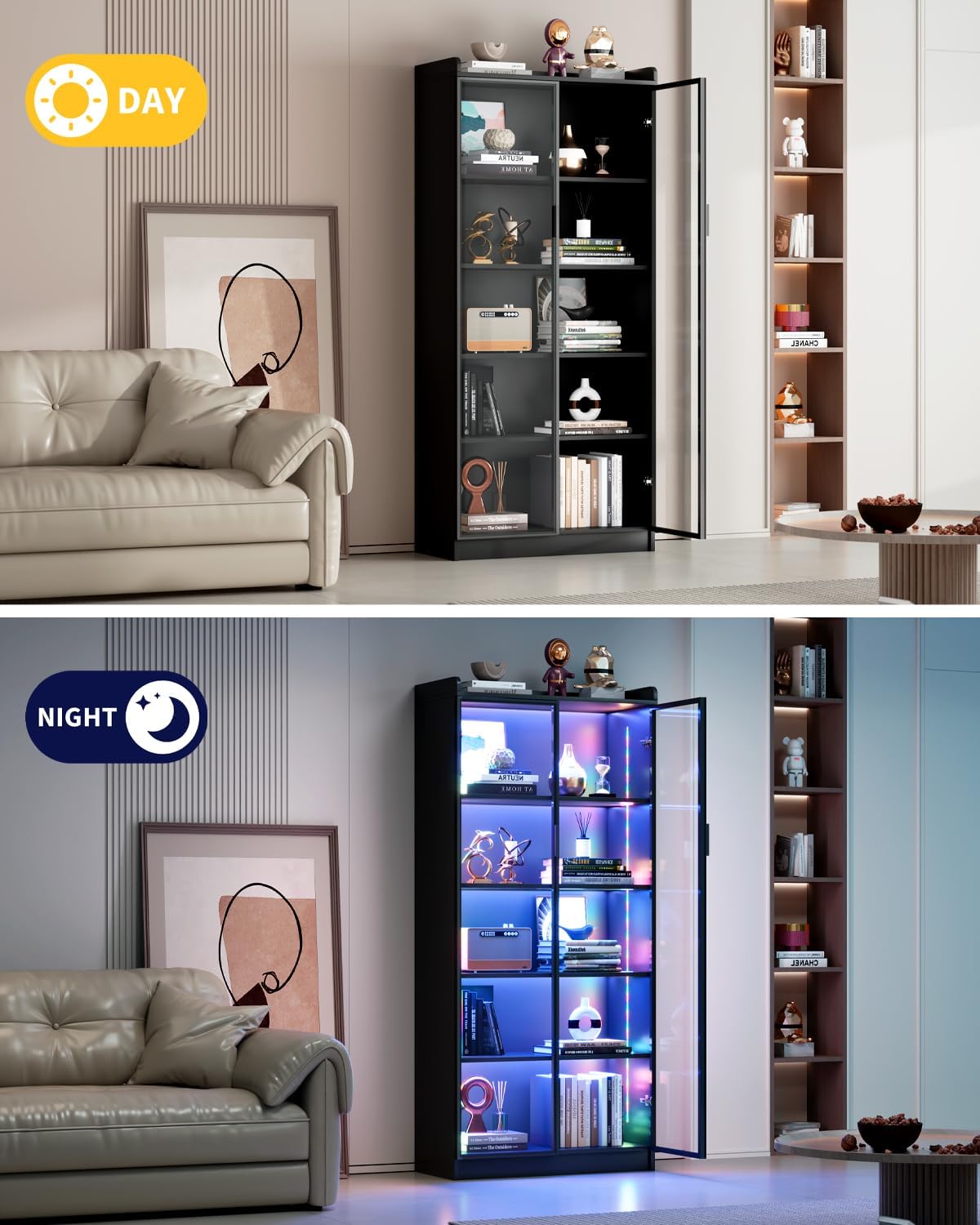 FREDEES Display Cabinet with Glass Doors, 5-Tier Curio Cabinet with Motion Sensor RGB Lights, 65' Tall Glass Display Case with Adjustable Shelves for Collectibles, Figures, Books, Black