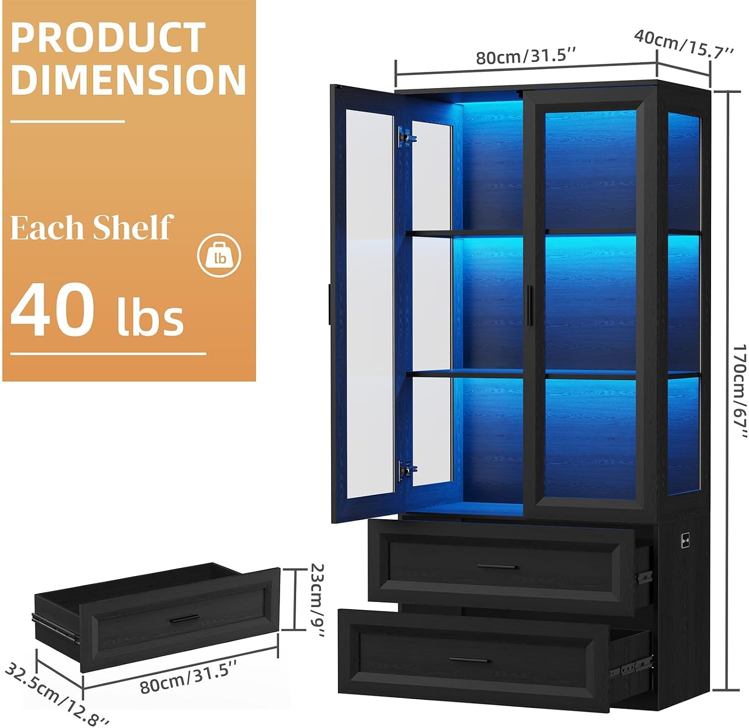 BROTTAR Display Cabinet with LED Lights, Curio Storage Cabinet with Acrylic Doors & 2 Drawers, 67' Bookcase Display Case for Collectibles, Human Body Sensor, Home Office, Living Room, Black