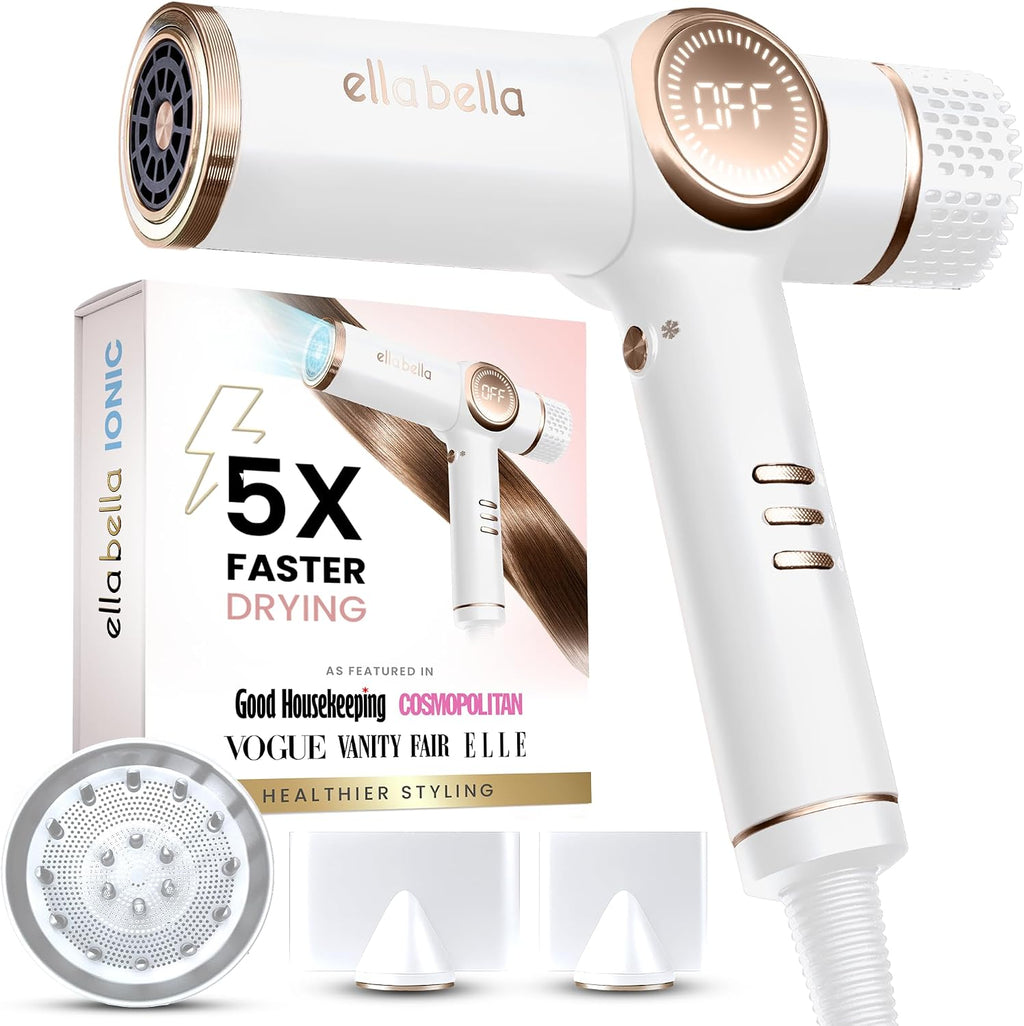 ELLA BELLA® Professional Ionic Hair Dryer with Diffuser • Negative Ion Blow Dryer • Suitable All Hair Types • Intelligent Heat Control & Rapid Drying Speeds • Lightweight Design • Low Noise Technology