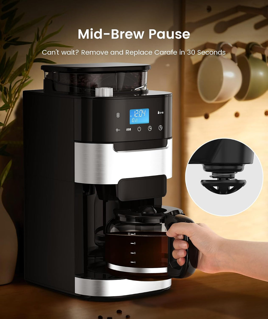 COWSAR 10-Cup Drip Coffee Maker with Built-In Grinder, 24-Hour Programmable, Adjustable Grind & Brew, Keep Warm Plate, 50oz Water Reservoir, Ideal for Home & Office - Black - Commercial Performance
