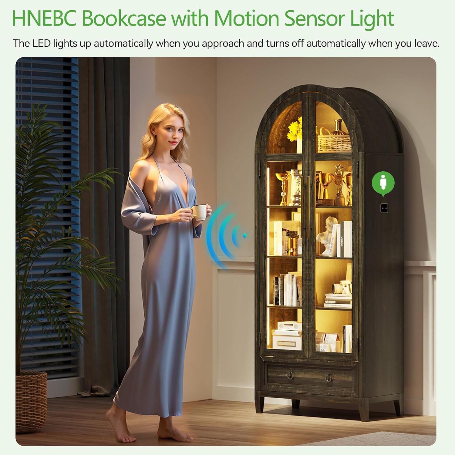 HNEBC Book Shelf with LED Lights, Arched Display Case with Storage Cabinet, Smart File Cabinet with Glass Door, Curio Cabinet with Solid Wood Legs for Home Office/Bedroom Furnniture-Brown