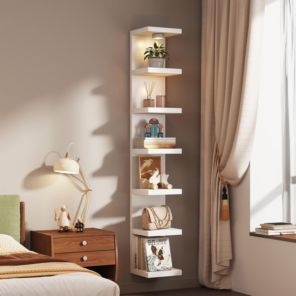 2 Pack-7 Tier Vertical Wall Shelf Unit with USB Rechargeable LED Light (Remote Controlled),Floating Lack Shelf,Versatile Display Shelves for Home Storage, Decor,Vanity-White