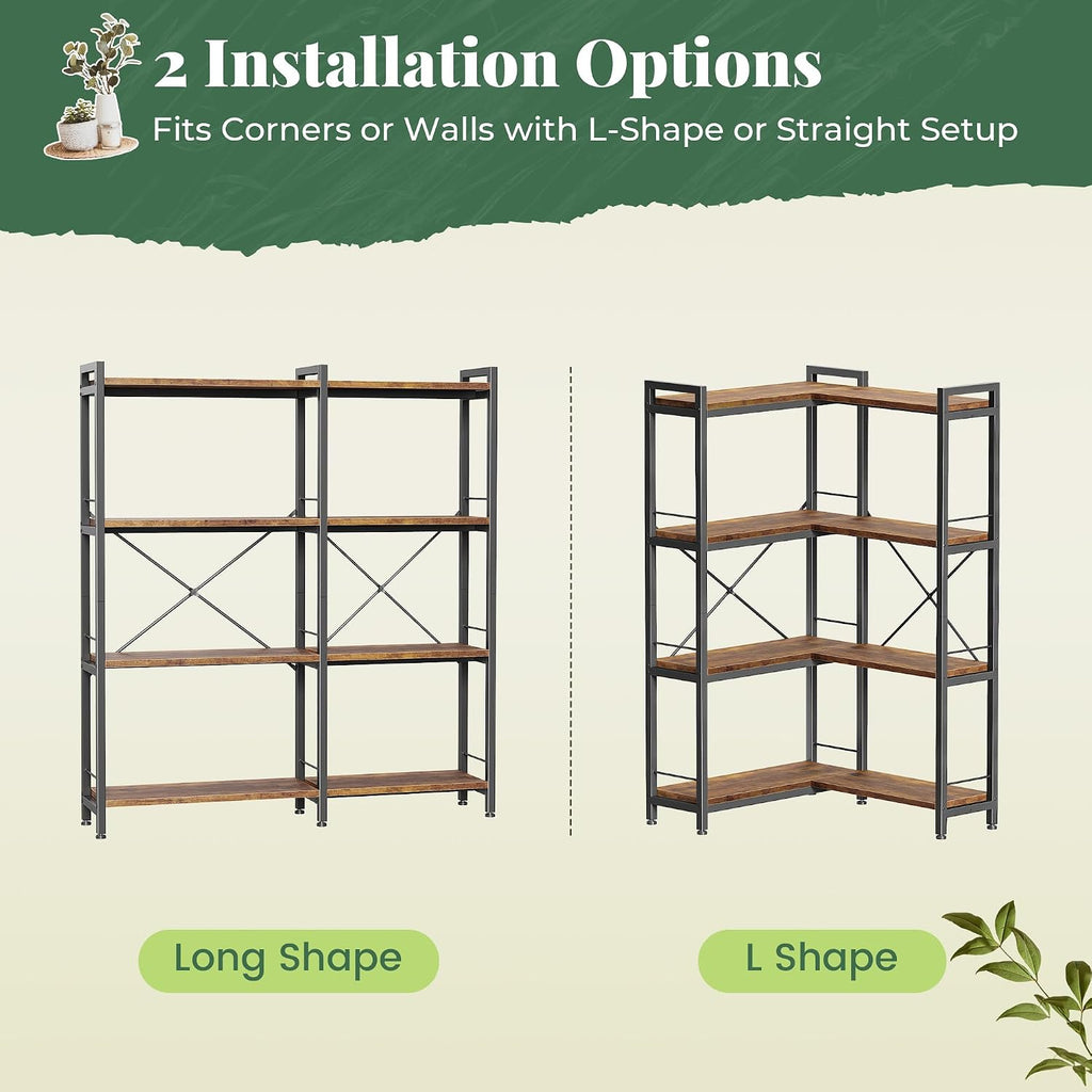 Huuger 4 Tier Bookshelf, L Shaped Corner Bookshelf with 8 Open Shelves, 49.4 Inch Straight Wide Bookcase with Metal Frame and Wooden Board, Adjustable Feet, Rustic Brown