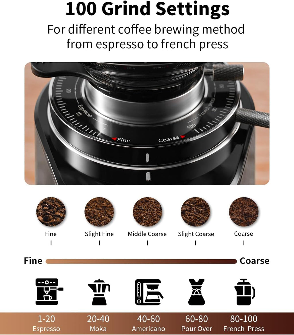 SHARDOR Professional 64mm Burr Coffee Grinder with 100 Grind Settings and All-Metal Chamber, Coffee Bean Grinder with Adjustable Electronic Timer and LED Display, Anti-Static,Black, 120V Only