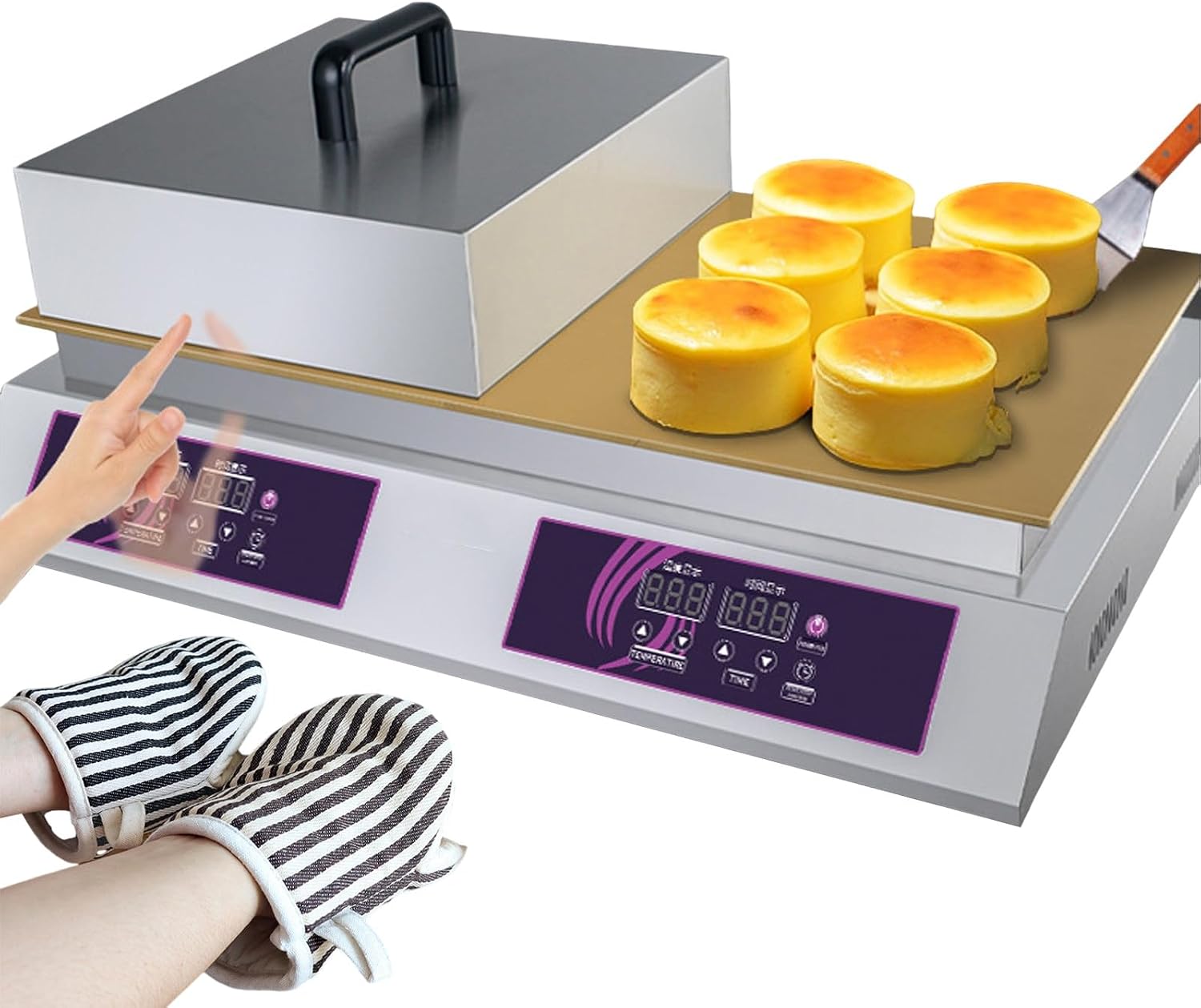 Electric Souffle Machine + Shovel + Gloves, 2600W Commercial Pancake Maker Non-stick Electric Contact Grill For Restaurant, Family Dinner, Dessert Store (Size: Double-head)