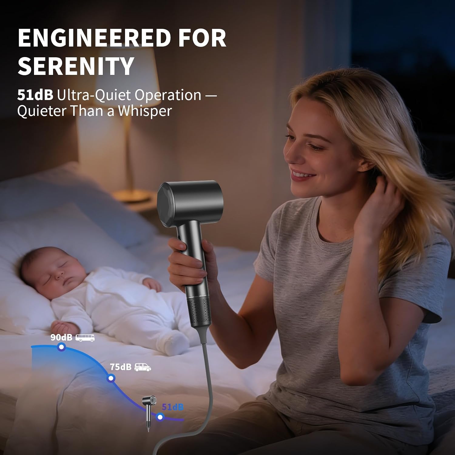 VTT Hair Dryer, 150000 RPM High Speed Blow Dryer with Intelligent Temperature Control, Magnetic Nozzle, Fast-Drying, Low Noise Hair Blow Dryer for Men and Women, for Curly Hair, for Home Travel Salon