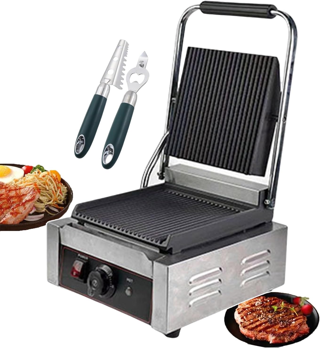 Sandwich Press Grill + Fish Scaler + Corkscrew, Electric Contact Grill with Adjustable Temperature 50-300℃, Nonstick Sandwich Toasters Sandwich Press For Outdoor Camping, Grooved
