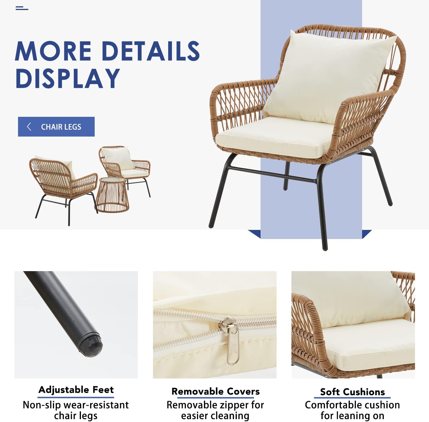 EROMMY 3-Piece Patio Conversation Bistro Set, Outdoor All-Weather Wicker Balcony Furniture with Tempered Glass Top Table & 2 Wide Ergonomic Armchairs, Seat Cushions for Porch, Backyard, White