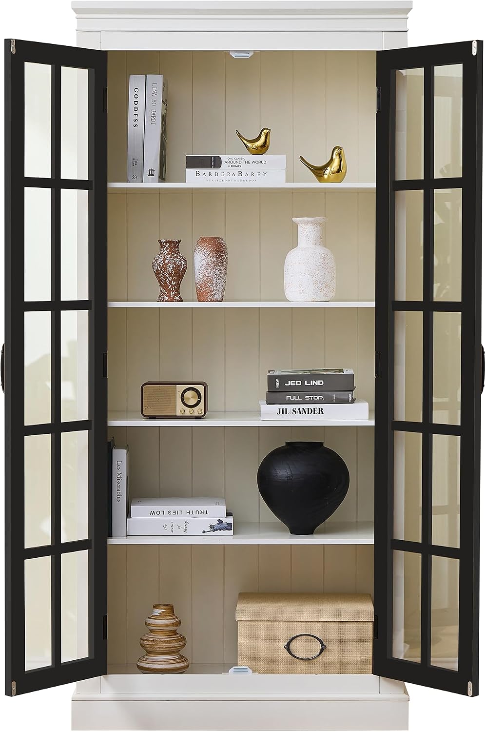Merax 71.2' Tall Display Cabinet with Glass Doors,Rustic Style China Cabinet,Curio Cabinet for Collectibles Figures Trophies for Hallways Living Room, Kitchen, Home, Studio or Workspace,White & Black