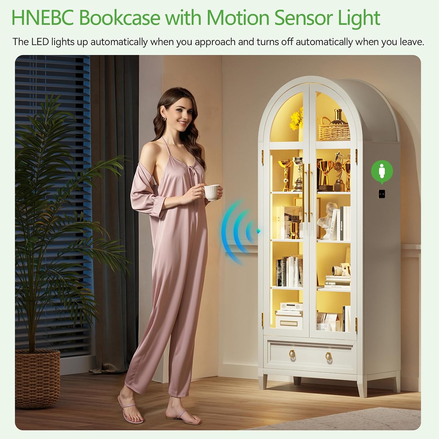 HNEBC Book Shelf with LED Lights, Arched Display Case with Storage Cabinet, Smart File Cabinet with Glass Door, Curio Cabinet with Solid Wood Legs for Home Office/Bedroom Furnniture-White
