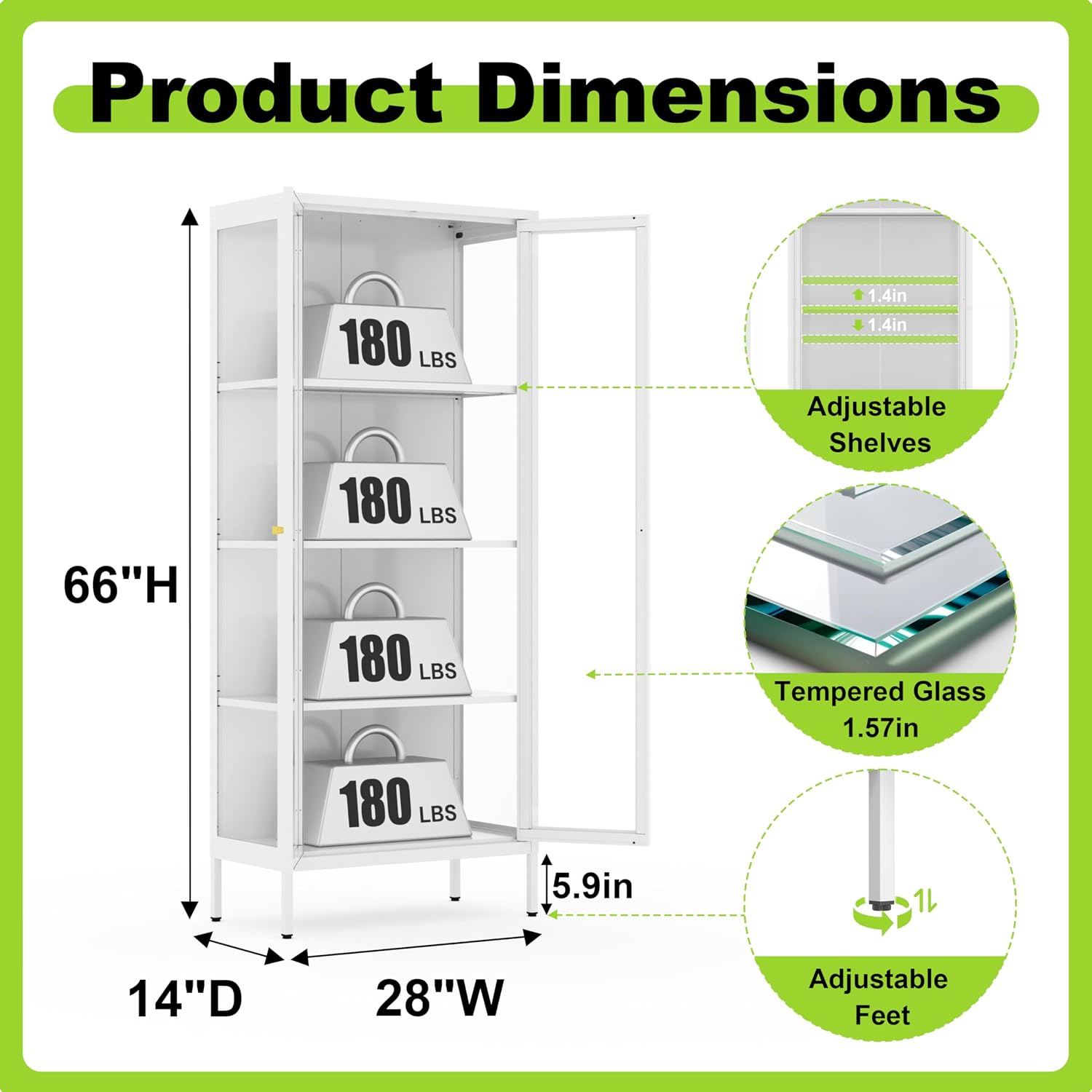 UNICOLY Display Cabinet with Glass Doors, Glass Display Cabinet with 3 Color LED Lights, Curio Display Cabinet with 3 Shelves for Living Room & Plant, Display Shelf, Assembly Required, White