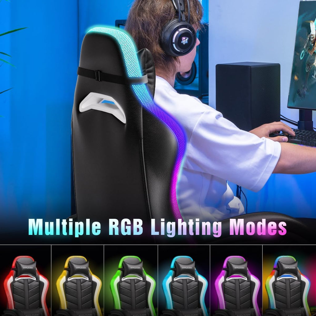 GTPLAYER Gaming Chair, Computer Chair with RGB LED Lights, High Back Ergonomic Chair for Adults with Footrest and Linkage Armrests& Headrest Lumbar Support (Without Bluetooth Speakers)