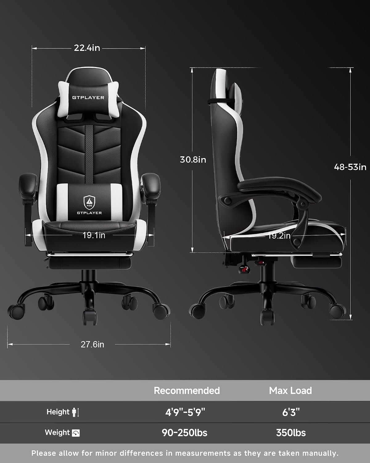 GTPLAYER Gaming Chair, Computer Gaming Chairs for Adults with Footrest, Height Adjustable PC Game Chair with 90-155° Recline & Removable Headrest Lumbar Support, Black-White