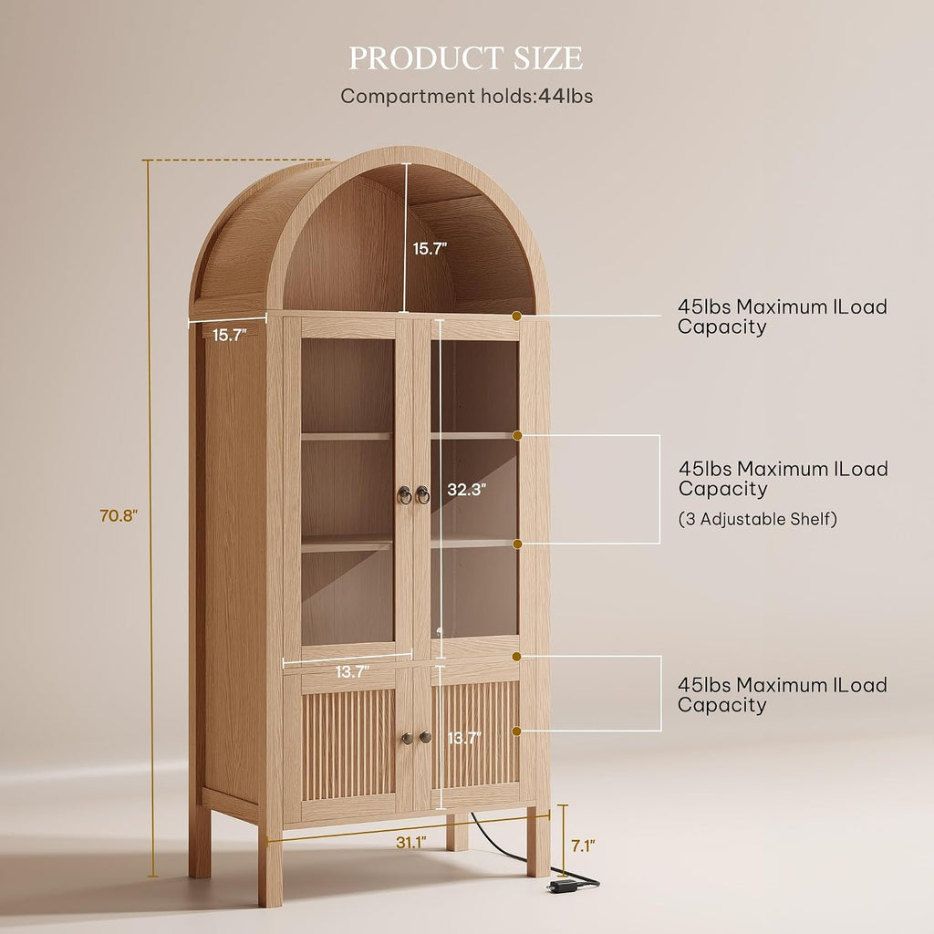 YITAHOME 71' Arched Cabinet Bookshelf Bookcase with LED Light/Wood Display Cabinet with Tempered Glass Doors and Adjustable Shelves/Kitchen Pantry with Storage for Living Room,Dining Room-Nature