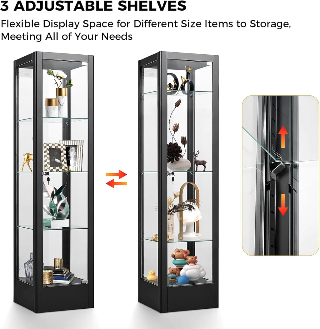 BECHAEO Glass Display Cabinet with 12 Color Lights and Lock, 4-Tier Curio Cabinet with Tempered Glass Door, Adjustable Shelves, 63' Metal Display Case for Collectibles Living Room, Black