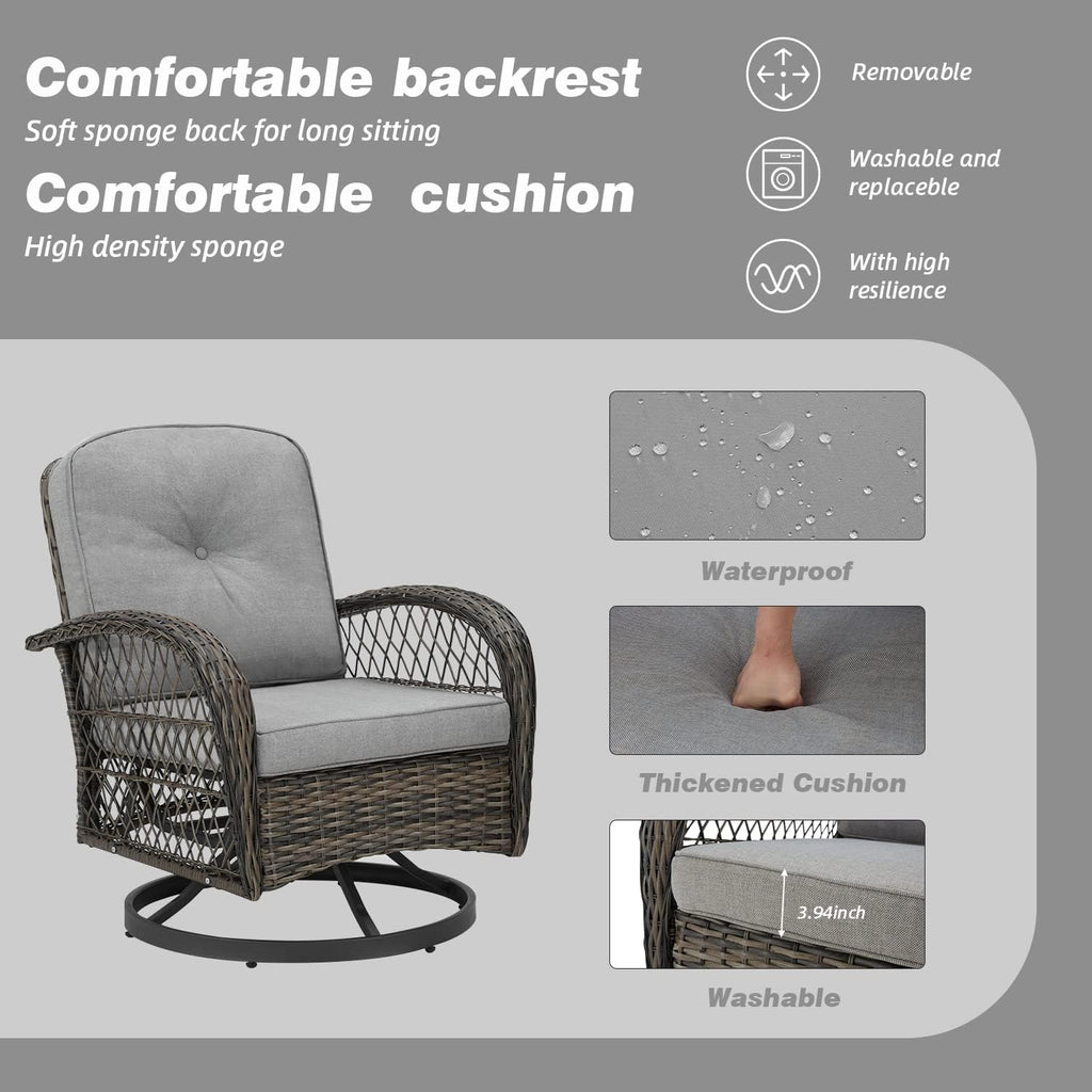 EROMMY 3 Pieces Outdoor Swivel Rocker Patio Chairs, 360 Degree Rocking Patio Conversation Set with Thickened Cushions and Glass Coffee Table for Backyard, Grey