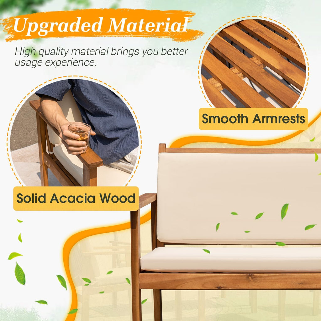 Greesum Outdoor Patio Furniture, 4 Piece Bistro Sofa Set with Coffee Table and Loveseat, Acacia Wood Conversation Sets with Cushions, for Garden, Backyard, Poolside, White