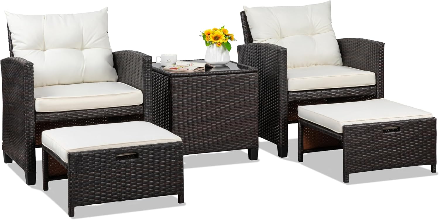 Shintenchi 5 Pieces Patio Furniture Set, Outdoor Wicker Patio Conversation Set with Ottoman, All Weather Rattan Outside Chairs with Coffee Table & Cushion for Porch, Garden, Backyard, Beige