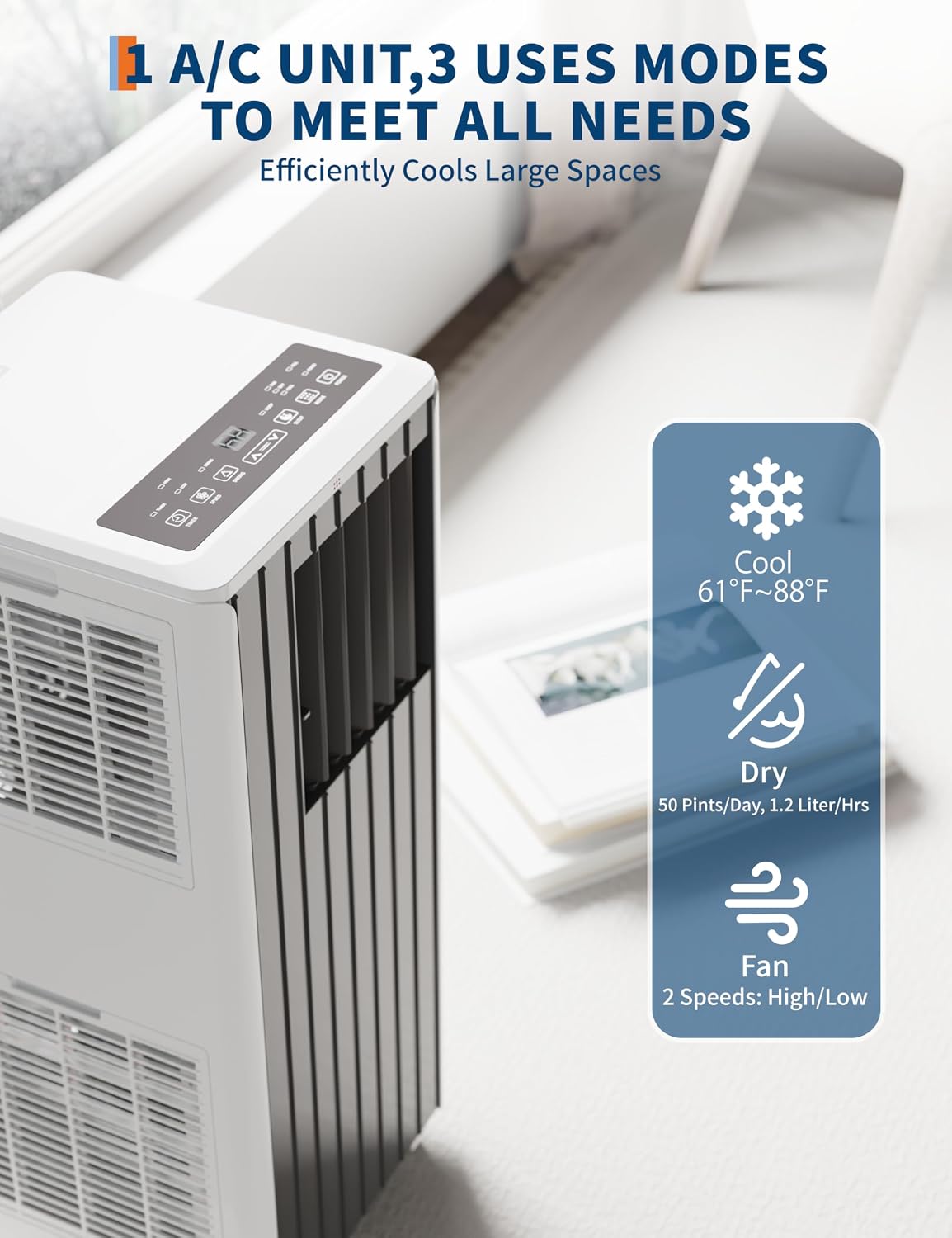 8,000 BTUs Portable Air Conditioner, 3-in-1 AC Unit with Fan, Dehumidifier, Air Conditioner for Bedroom Cools Rooms Up to 350 Sq.Ft, Indoor Quiet AC Unit, Easy Installation Kit Included, Grey
