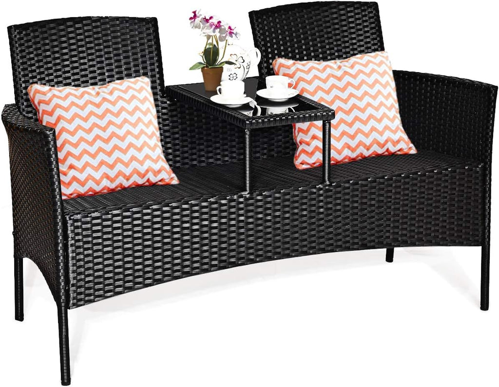 Tangkula Wicker Patio Conversation Furniture Set, Outdoor Furniture Set with Removable Cushions & Table, Tempered Glass Top, Modern Rattan Bench for Garden Lawn Backyard