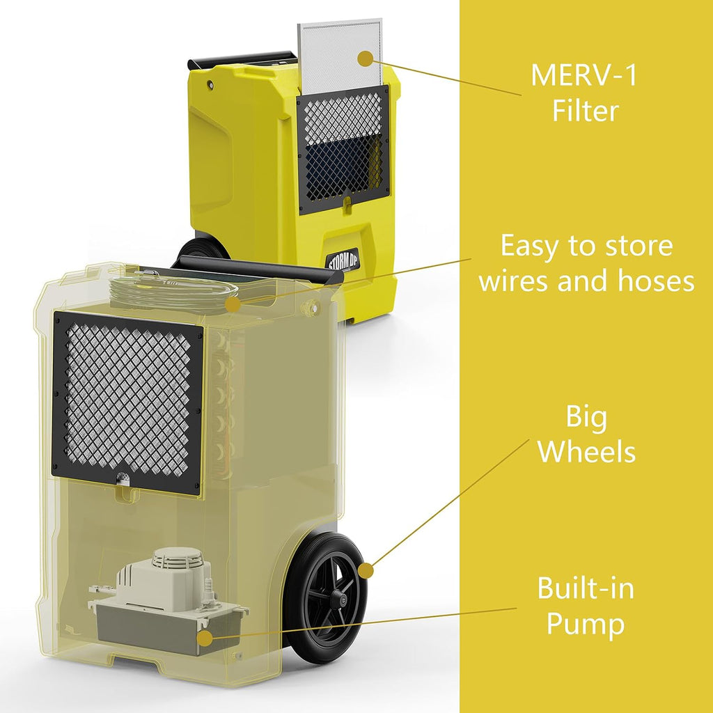 ALORAIR 110 Pint Dehumidifier Commercial Grade - Built-in Pump, Includes Drain Hose, Ideal for Large Basements, Industrial or Commercial Spaces and Job Sites, 5 Years Warranty, Yellow