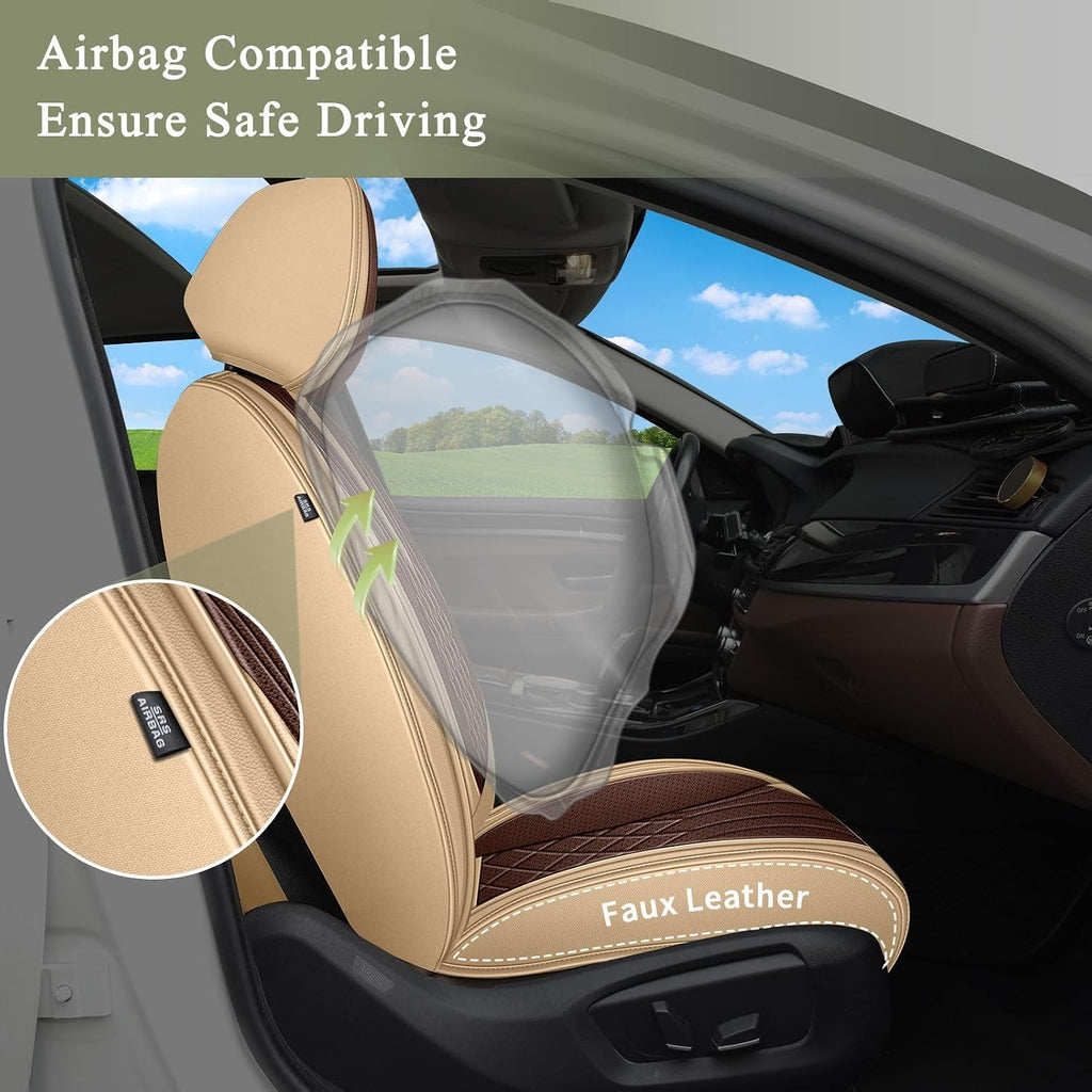 IKABEVEM Breathable Car Seat Covers for Honda Ridgeline 2006-2025 2026, Front Seats, Perforated Leather, Seat Protector, Interior Trim for Honda Ridgeline Accessories (Beige&Brown)