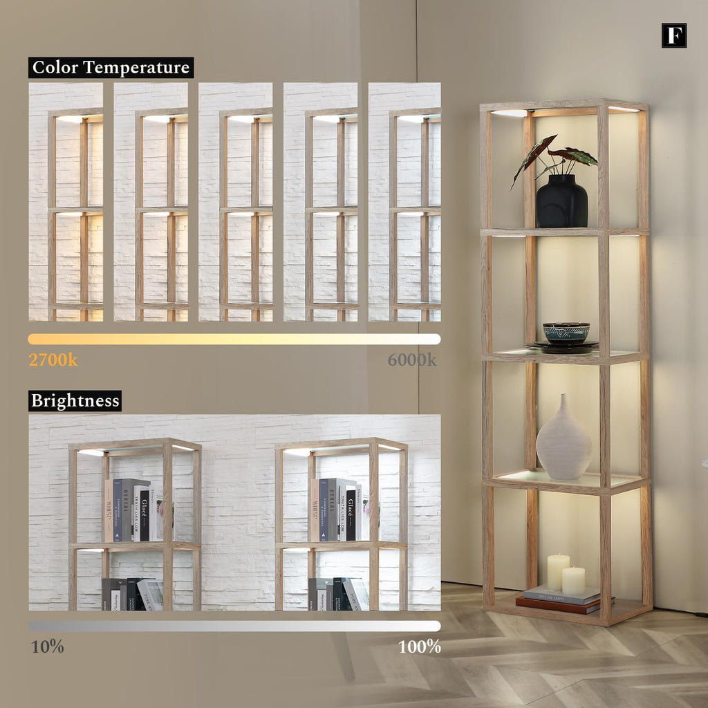 FENLO Fantasy Plus 66' Luxury Display Shelf With Dimmable LED Floor Lamps, Sturdy Glass Shelves for Bedroom, Curio Cabinet With Bookshelf Display Case, Floor Lamp With Shelves, Rustic Wood