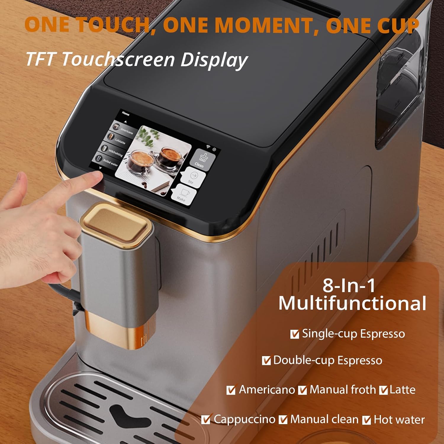 Garvee Fully Automatic Espresso Machine, with Milk Frother, One Touch Recipes, Intuitive Touch Display, 20 Bar Pressur & 15 Grind Settings for Latte, Cappuccino, Espresso, Built-In Grinder