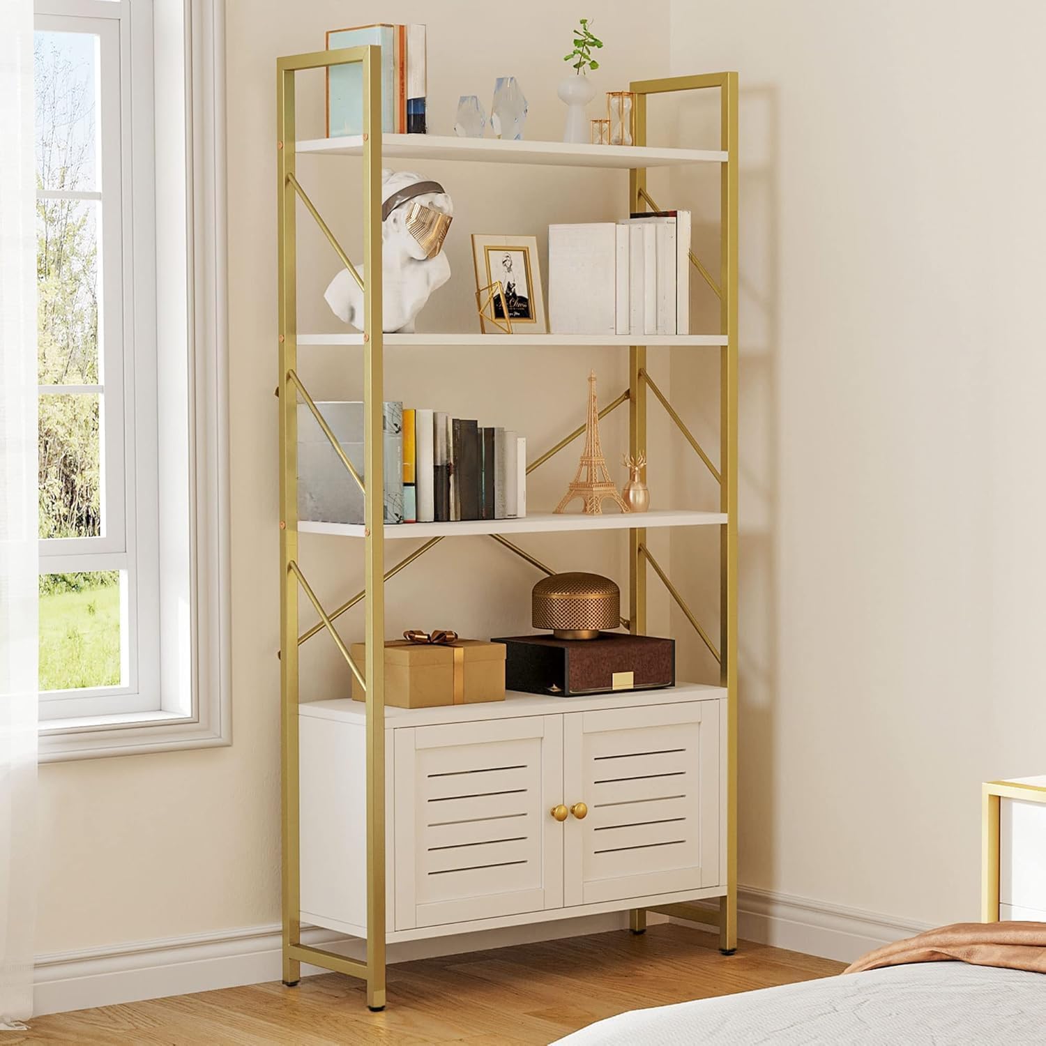 YITAHOME Bookshelf with Storage Cabinet, Modern Bookcase Standing 5 Tiers Book Shelves Display Rack with Doors for Bedroom Living Room Office, White Gold