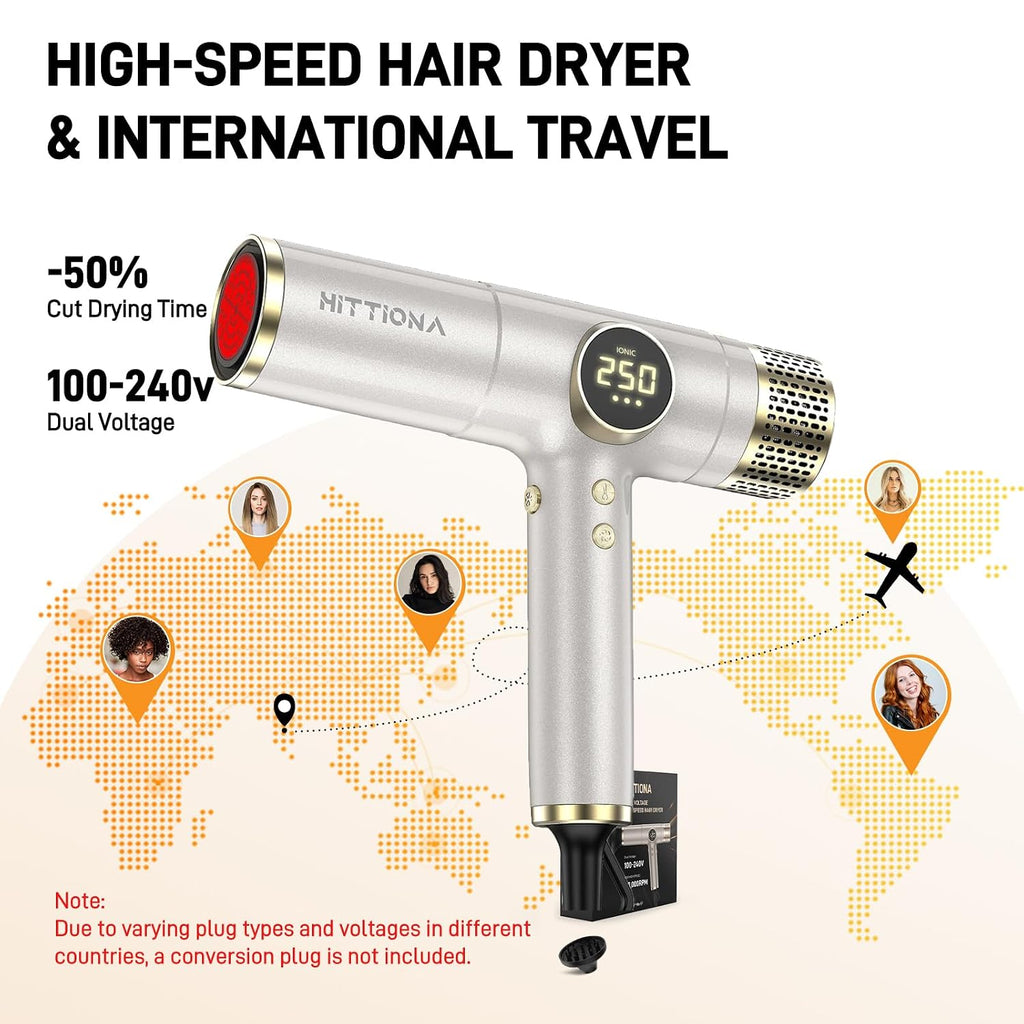 Infrared Ionic Hair Dryer with Diffuser - 2000W Dual Voltage Blow Dryer Gift for Women, Fast Drying, Frizz Control, Lightweight & Low Noise, Red Light & Negative Ions, European Travel 110V-240V