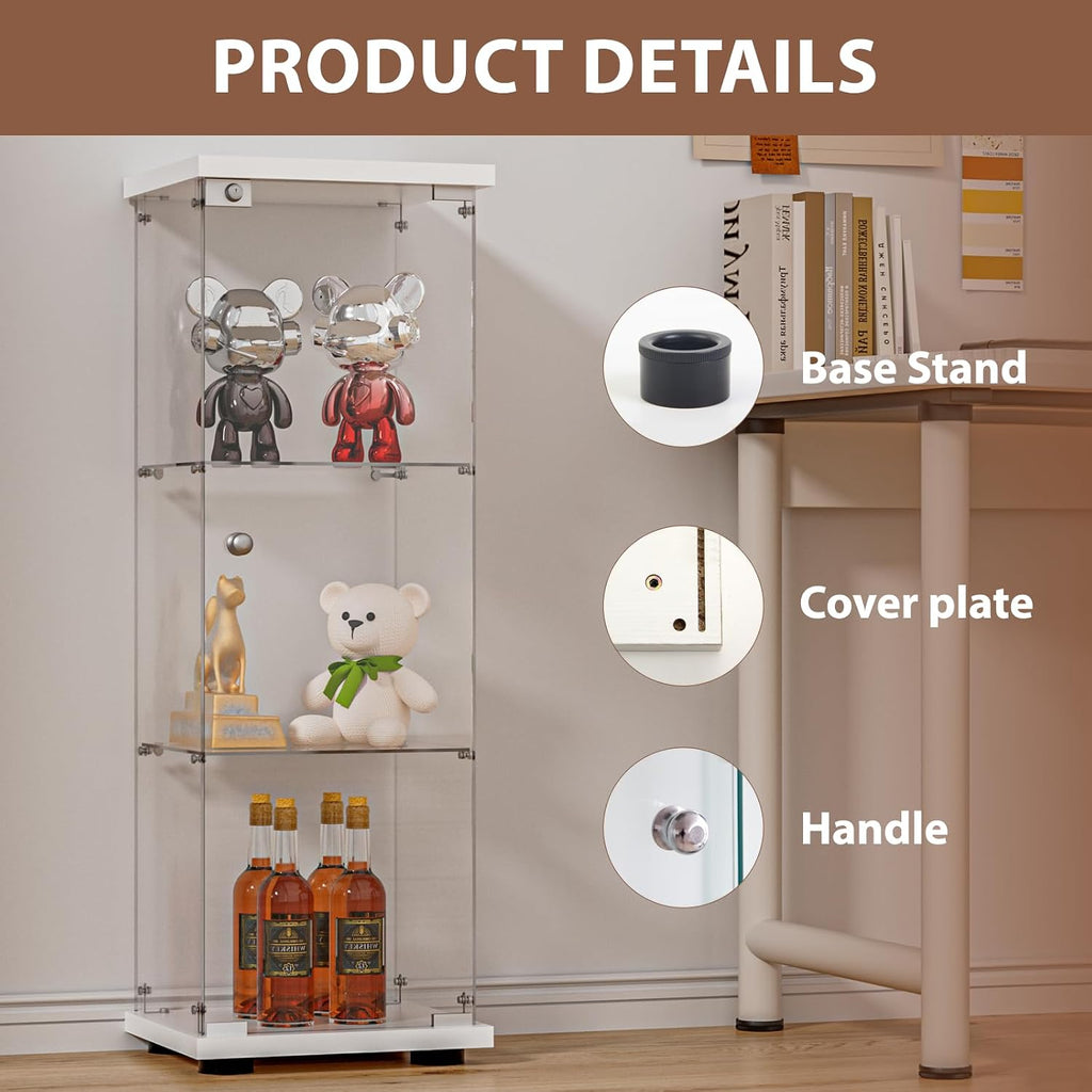 FANYUSHOW 3-Shelf Glass Display Cabinet with Door, Upgraded Quick-Install Style Curio Cabinets 4mm Tempered Glass Floor Standing Bookshelf for Bedroom, Living Room 49.1'x 16.7'x 14.3' White