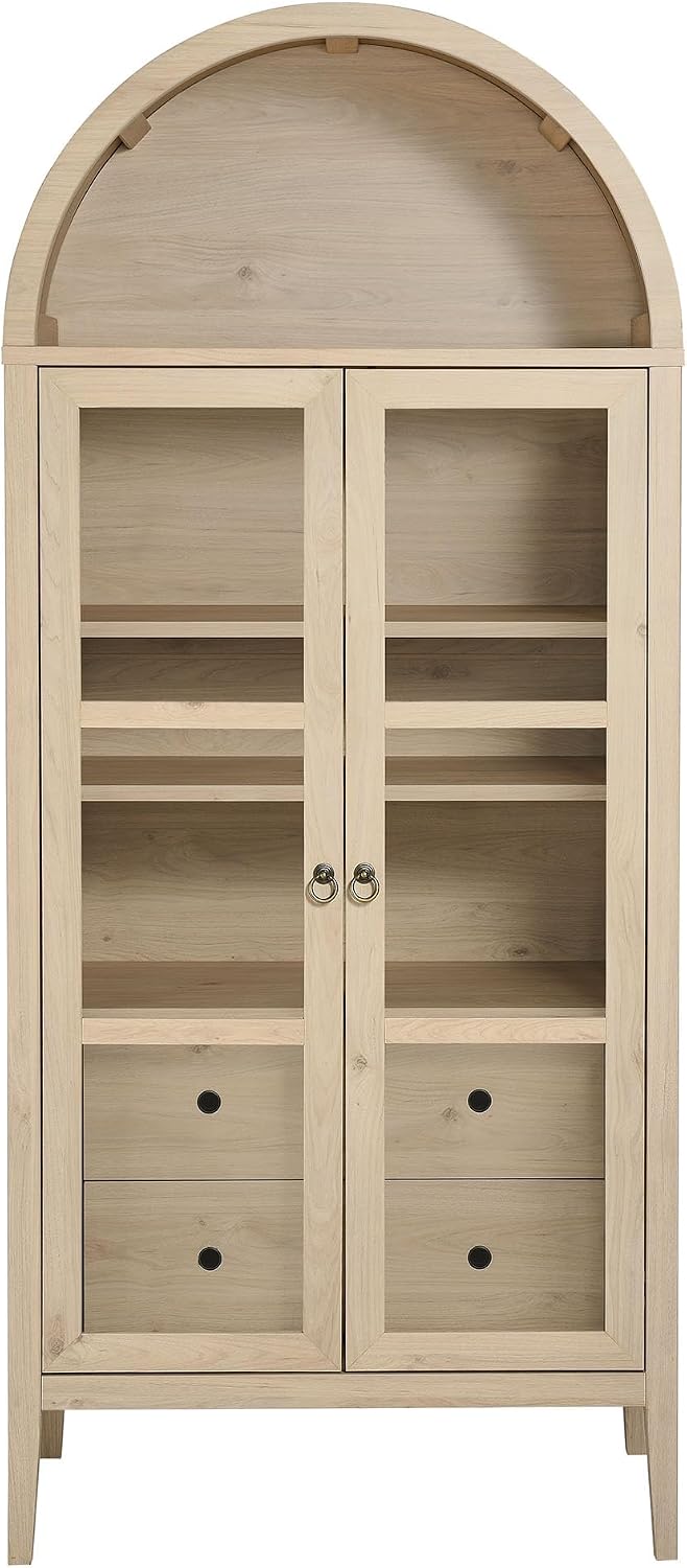 Modway Nolan Modern Farmhouse 71 Inch Tall Arched Storage Display Cabinet in Light Oak Wood Grain - 4-Tier Bookcase with Glass Doors and Shelves - Arch Accent Cabinet for Living Room