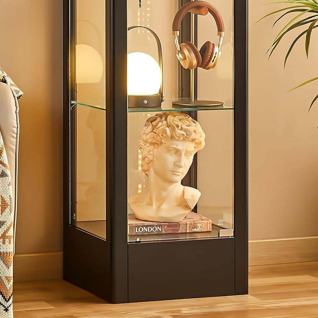 BECHAEO Glass Display Cabinet with 12 Color Lights and Lock, 4-Tier Curio Cabinet with Tempered Glass Door, Adjustable Shelves, 63' Metal Display Case for Collectibles Living Room, Black