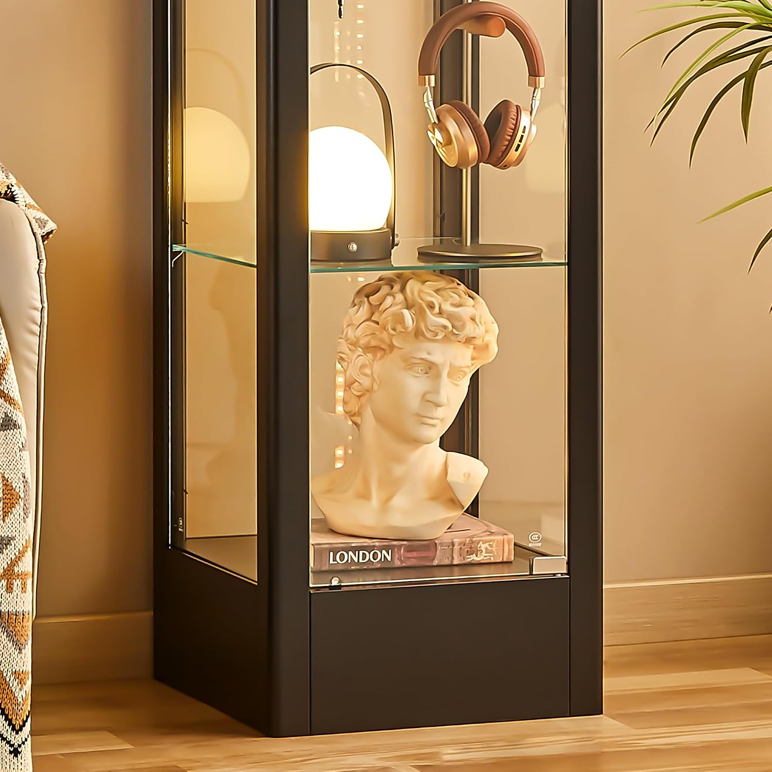 BECHAEO Glass Display Cabinet with 12 Color Lights and Lock, 4-Tier Curio Cabinet with Tempered Glass Door, Adjustable Shelves, 63' Metal Display Case for Collectibles Living Room, Black