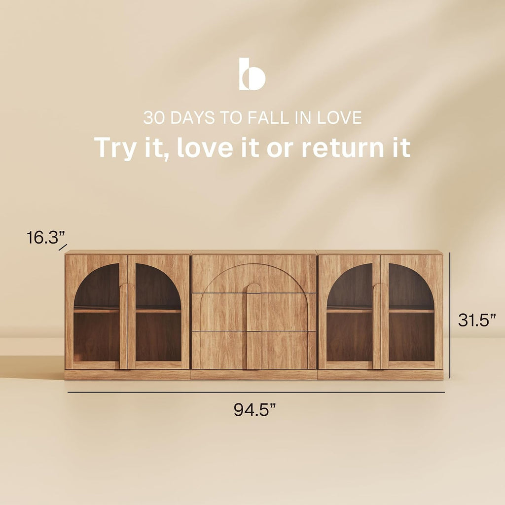 BELLEZE 3-Piece Modular Sideboard Cabinet Freely Configurable, Modern Wood Buffet Cabinet Contain 2 Arched Cabinets and a 3-Drawer Storage, Media Console Credenza for Living Room Kitchen, Camel