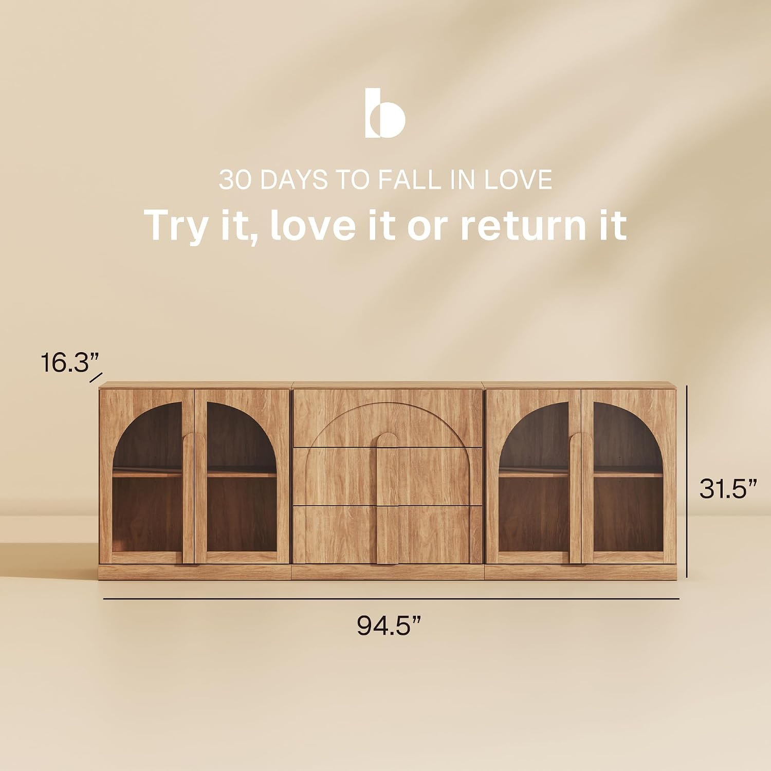 BELLEZE 3-Piece Modular Sideboard Cabinet Freely Configurable, Modern Wood Buffet Cabinet Contain 2 Arched Cabinets and a 3-Drawer Storage, Media Console Credenza for Living Room Kitchen, Camel