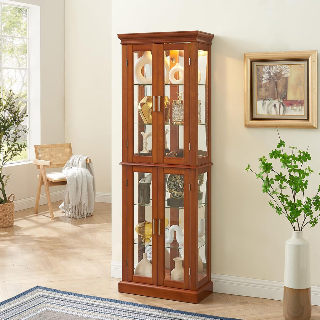 Lighted Wooden Display Curio Cabinet,Cabinet with Tempered Glass Door & 6 Shelves,Vintage 3 Side Glass,E26 Light Bulb Unincluded