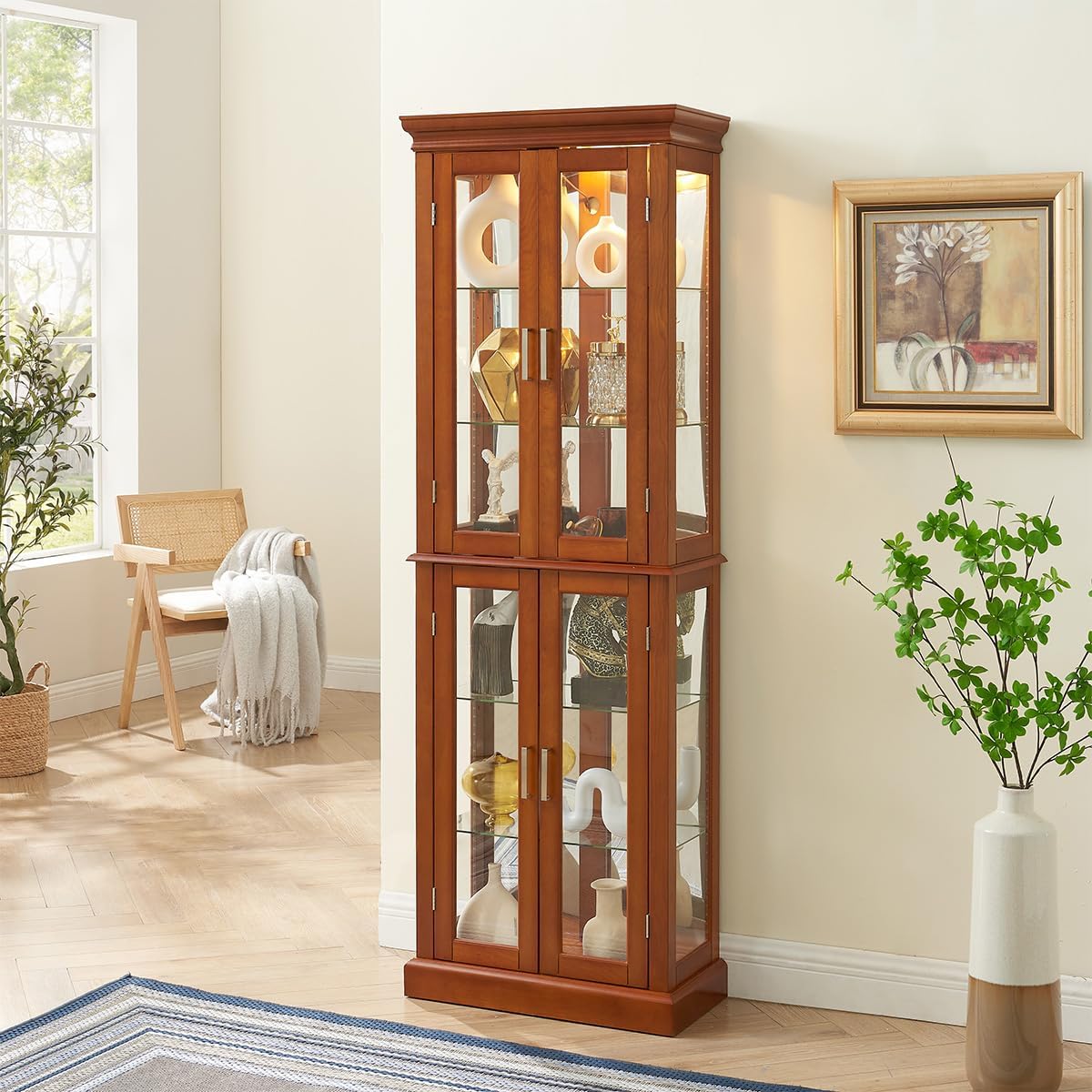 Lighted Wooden Display Curio Cabinet,Cabinet with Tempered Glass Door & 6 Shelves,Vintage 3 Side Glass,E26 Light Bulb Unincluded