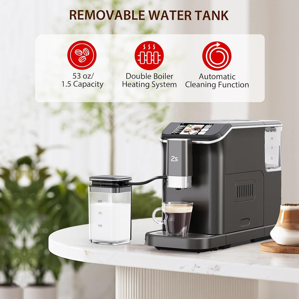 Fully Automatic Espresso Machine with Grinder, 20 Bar Espresso Machine with Automatic Milk Frother, 1-15 Adjustable Grind Size Levels, 1.5L Water Tank, Cappuccino & Latte Machine for Home