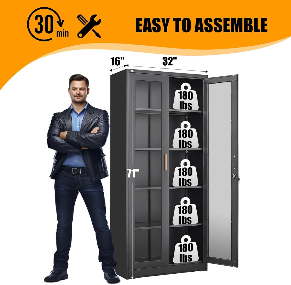 Glass Display Cabinet, 71' Tall Metal Curio Cabinet with Glass Doors, Black Display Case, Storage Cabinets with 4 Adjustable Shelves, Locking Storage Cases for Hallway, Kitchen, Living Room