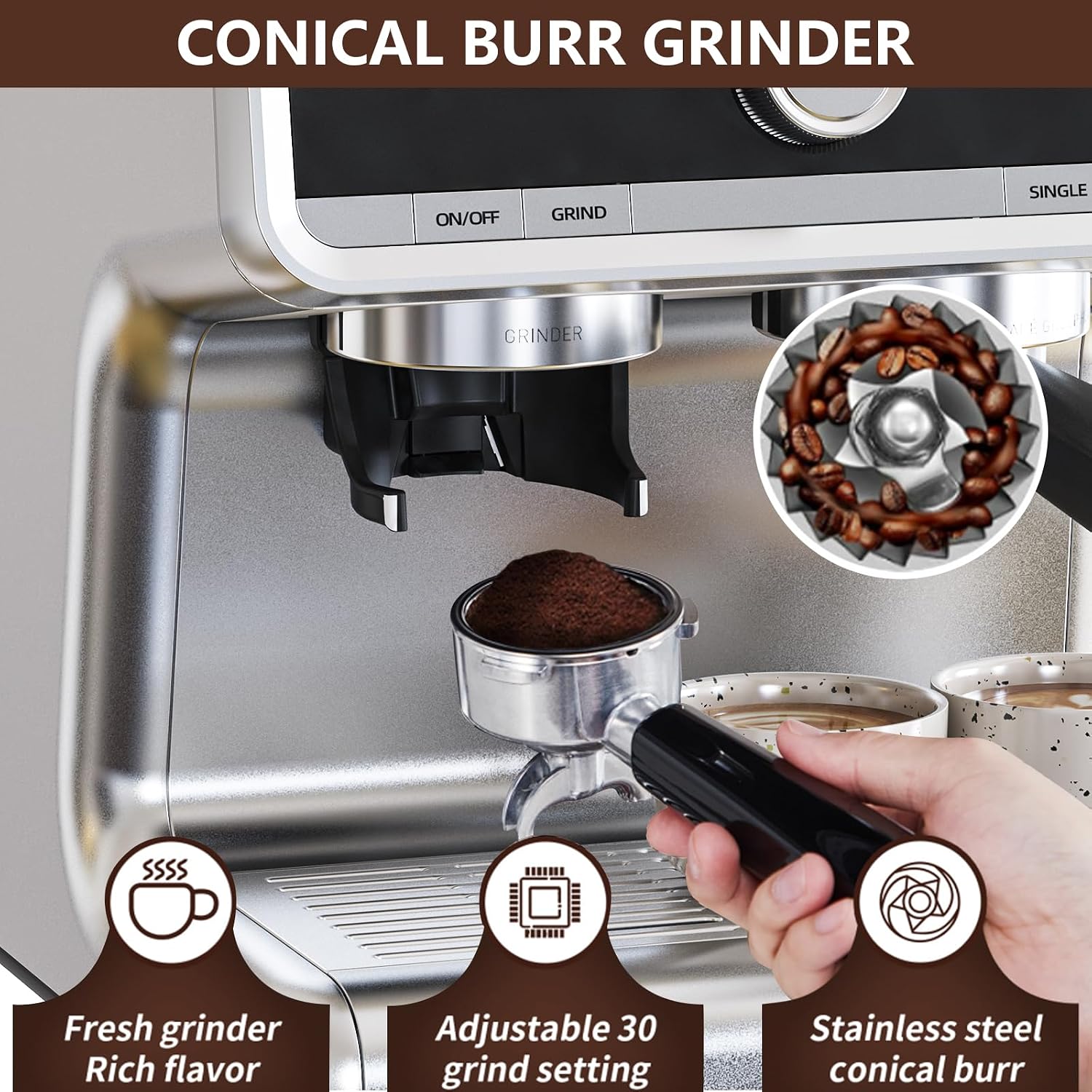 Acekool 20 Bar Espresso Machines with Grinder, Professional Espresso Maker with Removable Water Tank, Milk Frother Steam Wand for Latte&Cappuccino (Silver)