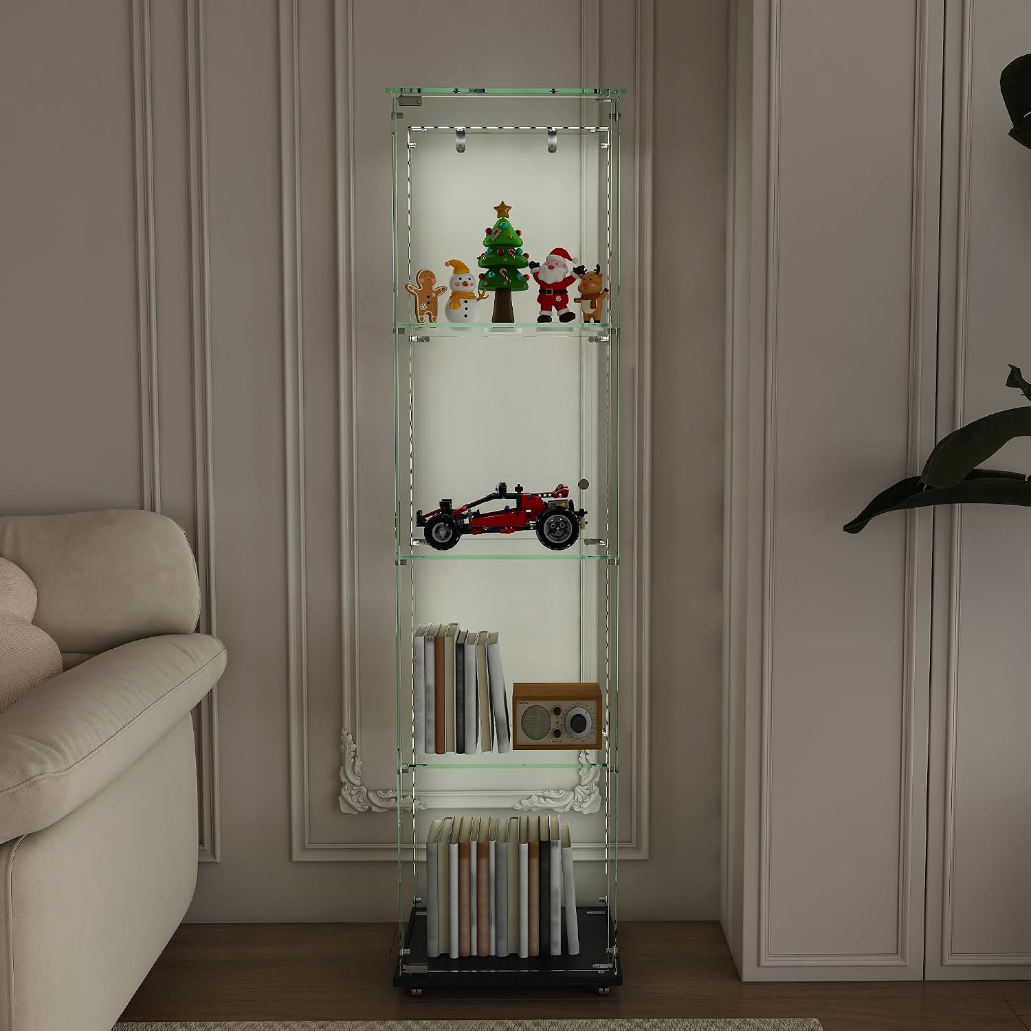 Runboll Glass Display Cabinet 4 Tiers with LED Light, Curio Cabinet with Wheels, Floor Standing Tempered Glass Showcase Display Shelf for Collectibles, Legos, Figures, Plants