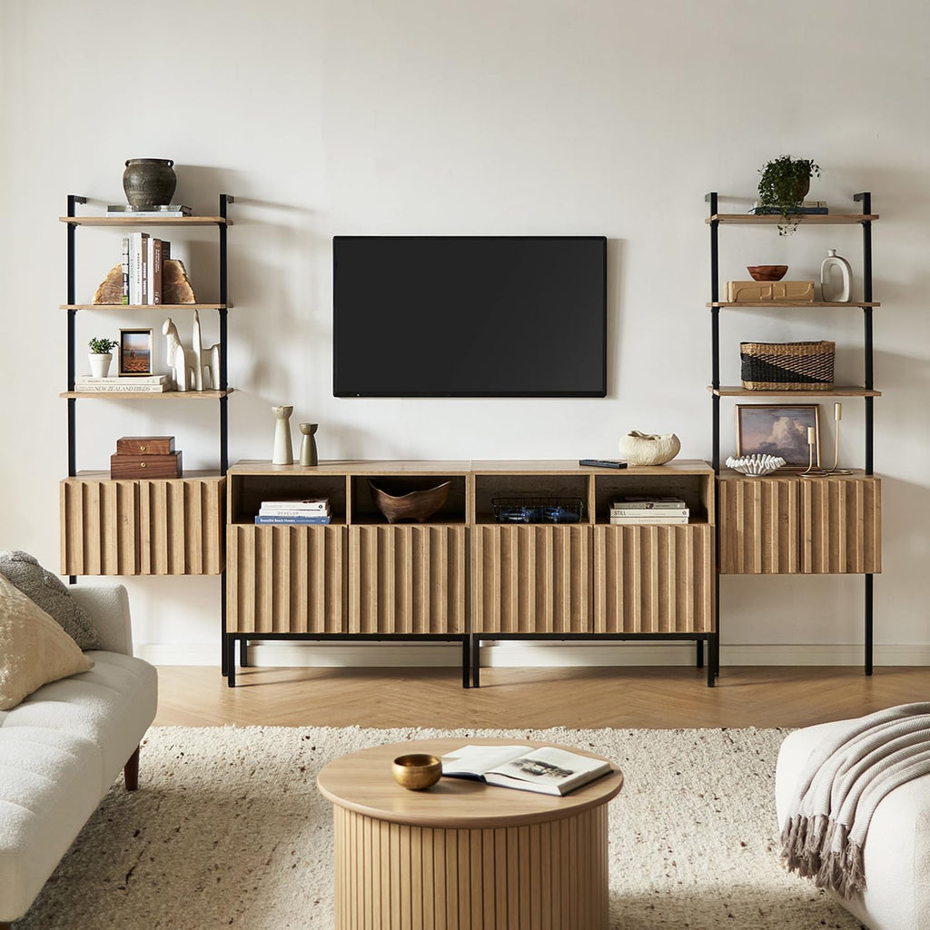 mopio Norwin 4 Piece Entertainment Center with Storage, 70' TV Stand, Industrial Modern Television Accent Cabinet, Oak Wood Media Console Table with 3-Tier Shelf Bookcase (3-Tier Cabinet Set)
