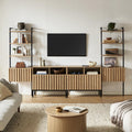 mopio Norwin 4 Piece Entertainment Center with Storage, 70' TV Stand, Industrial Modern Television Accent Cabinet, Oak Wood Media Console Table with 3-Tier Shelf Bookcase (3-Tier Cabinet Set)