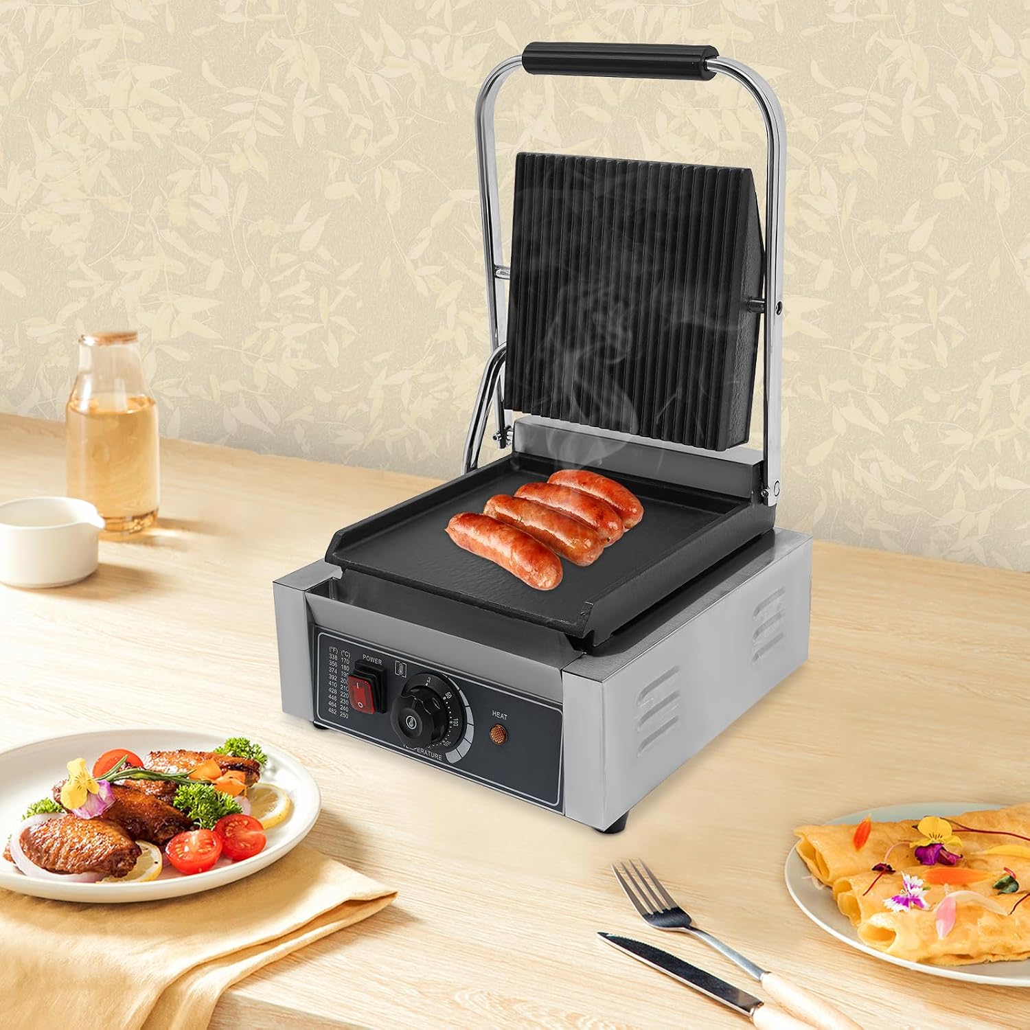 Commercial Panini Sandwich Contact Grill, 1800W Electric Sandwich Panini Maker, 8.8' x 9.2' Cast Iron Panini Press with Grooved Plates & Temp Control, for Hamburgers, Chicken, Beef