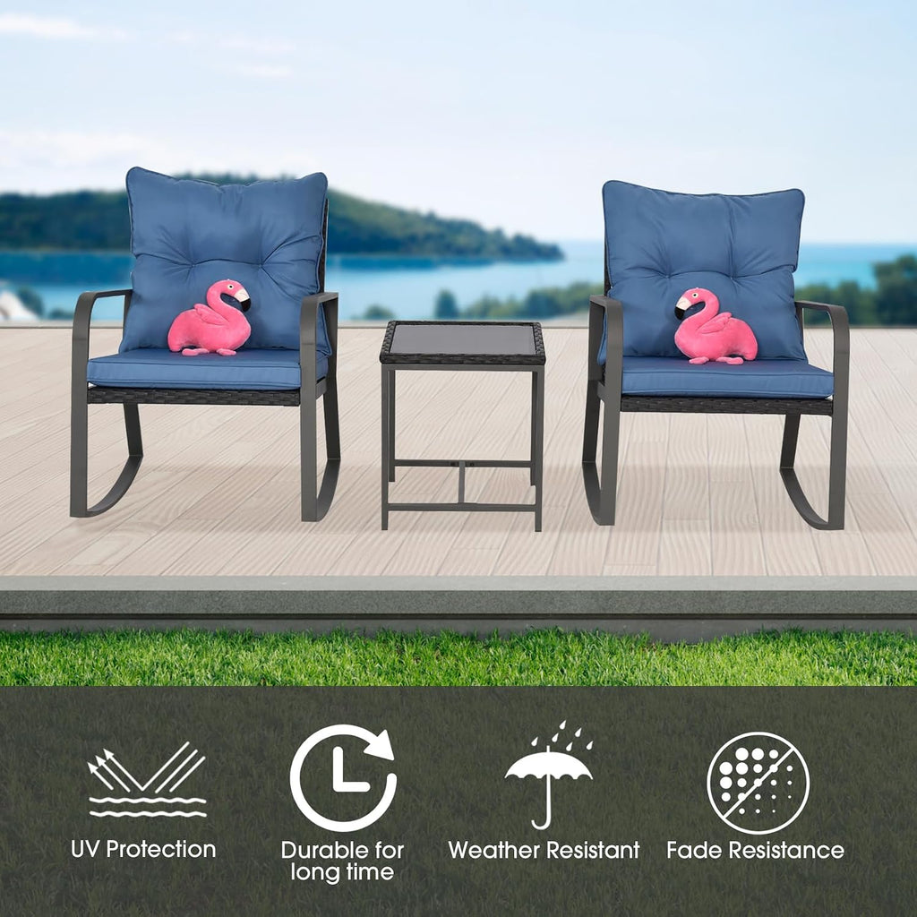 Bistro 3 Piece Patio Furniture Set, Patio Table and Rattan Outdoor Rocking Chairs Set of 2, Outdoor Bistro Conversation Set for Garden, Balcony, Poolside, Backyard, Blue