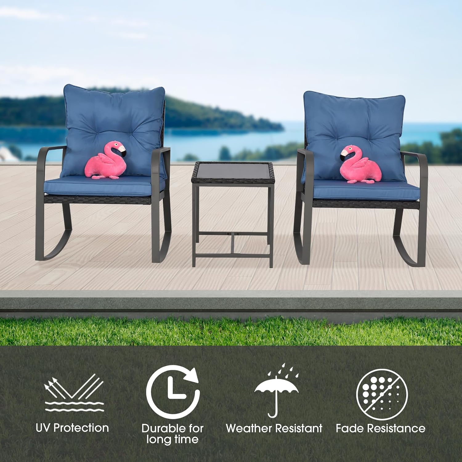 Bistro 3 Piece Patio Furniture Set, Patio Table and Rattan Outdoor Rocking Chairs Set of 2, Outdoor Bistro Conversation Set for Garden, Balcony, Poolside, Backyard, Blue
