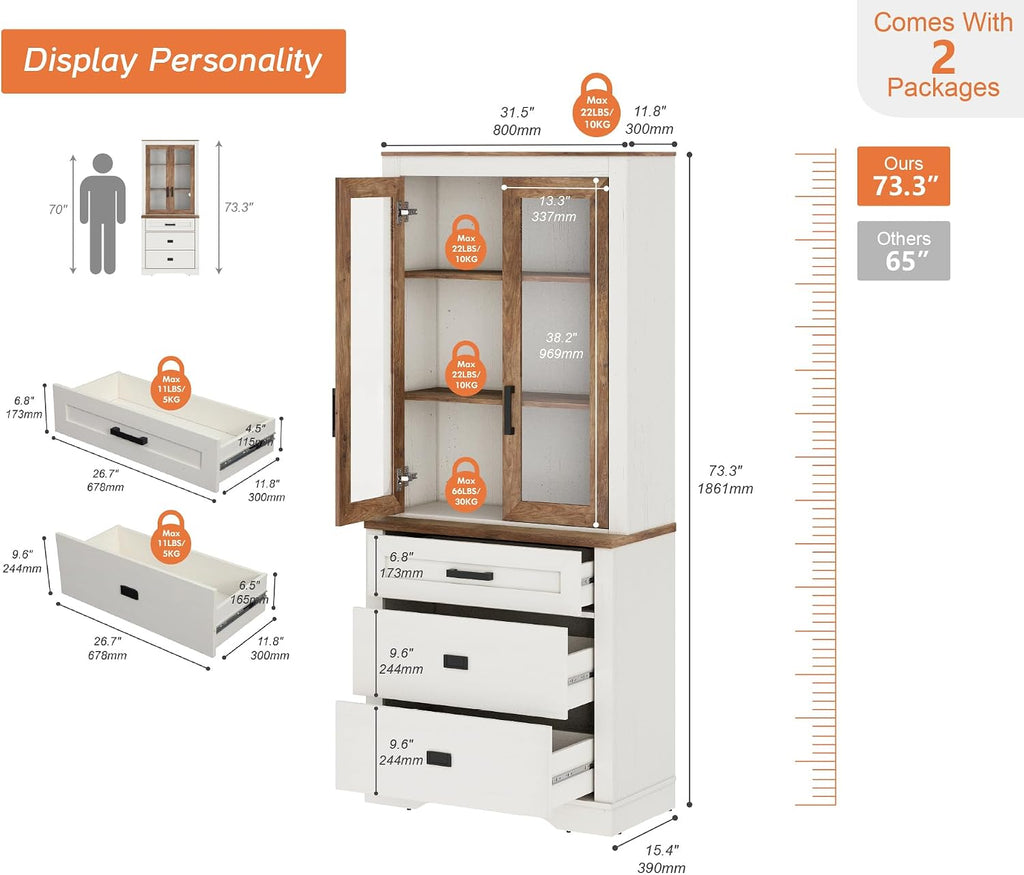 WAMPAT 73.3' Tall Bookcase with Glass Door, 31.5' Wide Rustic Wood Bookshelves with Chest of Drawers, Modern Farmhouse Display Storage Cabinet with Adjustable Shelves for Home,Office,White&Oak