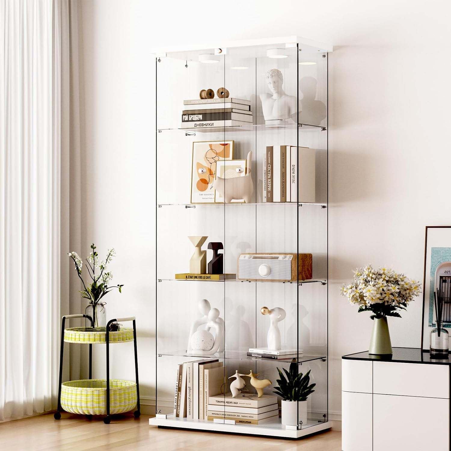 Glass Display Cabinet with LED Lights, 5-Shelf Locking Bookcase with Remote Control, Tempered Glass Curio Cabinet for Living Room, Bedroom, Office, White (5-Shelf)