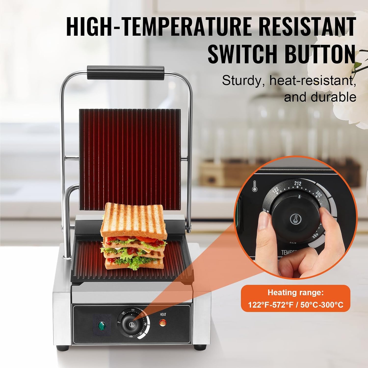 Electric Contact Grill, 1800W Stainless Steel Steak Maker, Commercial Panini Press, 50°C~300°C Adjustable Temperature, Even Heating, Fast Heating,110V